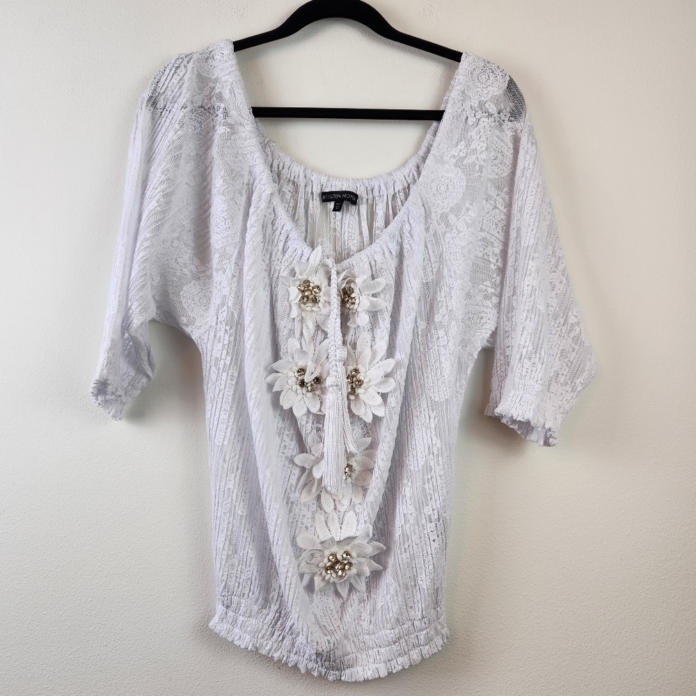 Boston Proper Lace Embellished White Top Size Small NWOT boho Summer Vacation